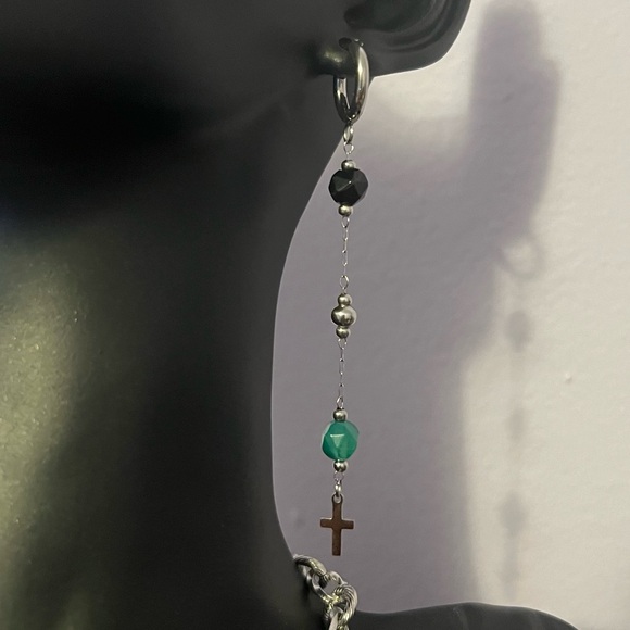 Natural Stone Agate Bead Ear Huggies w Cross Charms - Picture 2 of 2